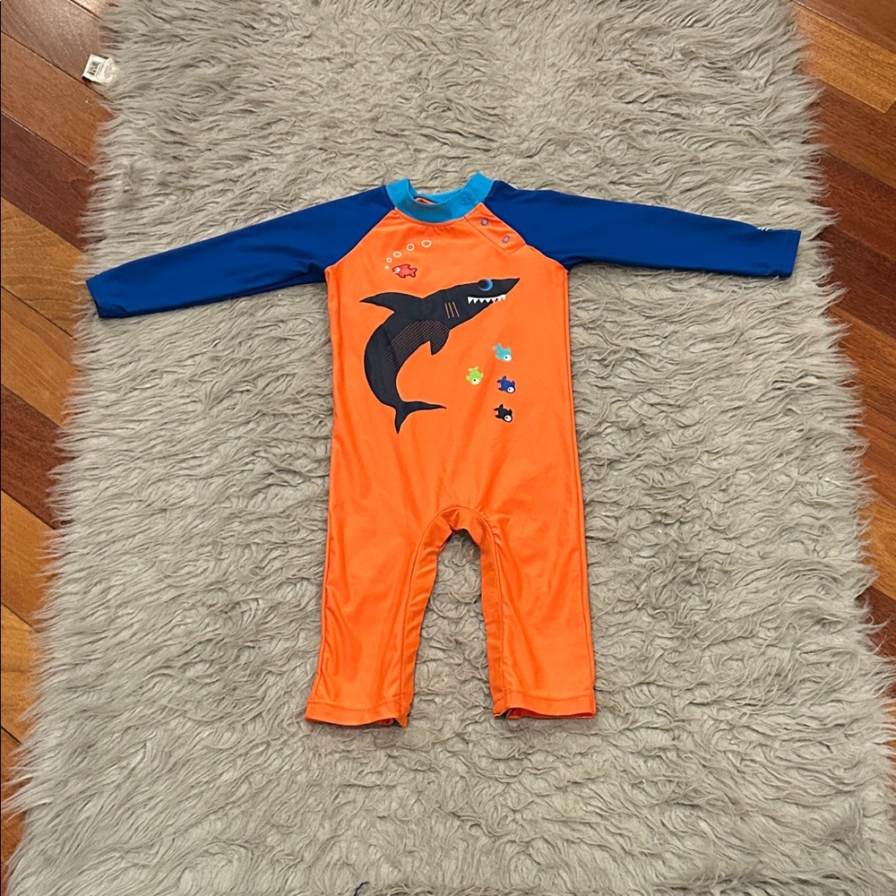Coolibar Kids UPF 50 Swimsuit‎ in Orange and Blue with Shark Design